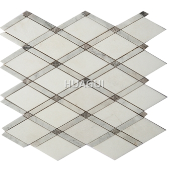 Rhombus Random Sized White Marble Mosaic Tile in Dot Black Chips