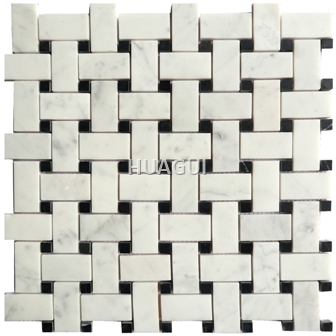 Basket Weaving New Design Honed Carrara White Marble Mosaic Tile mixed Black Dot 